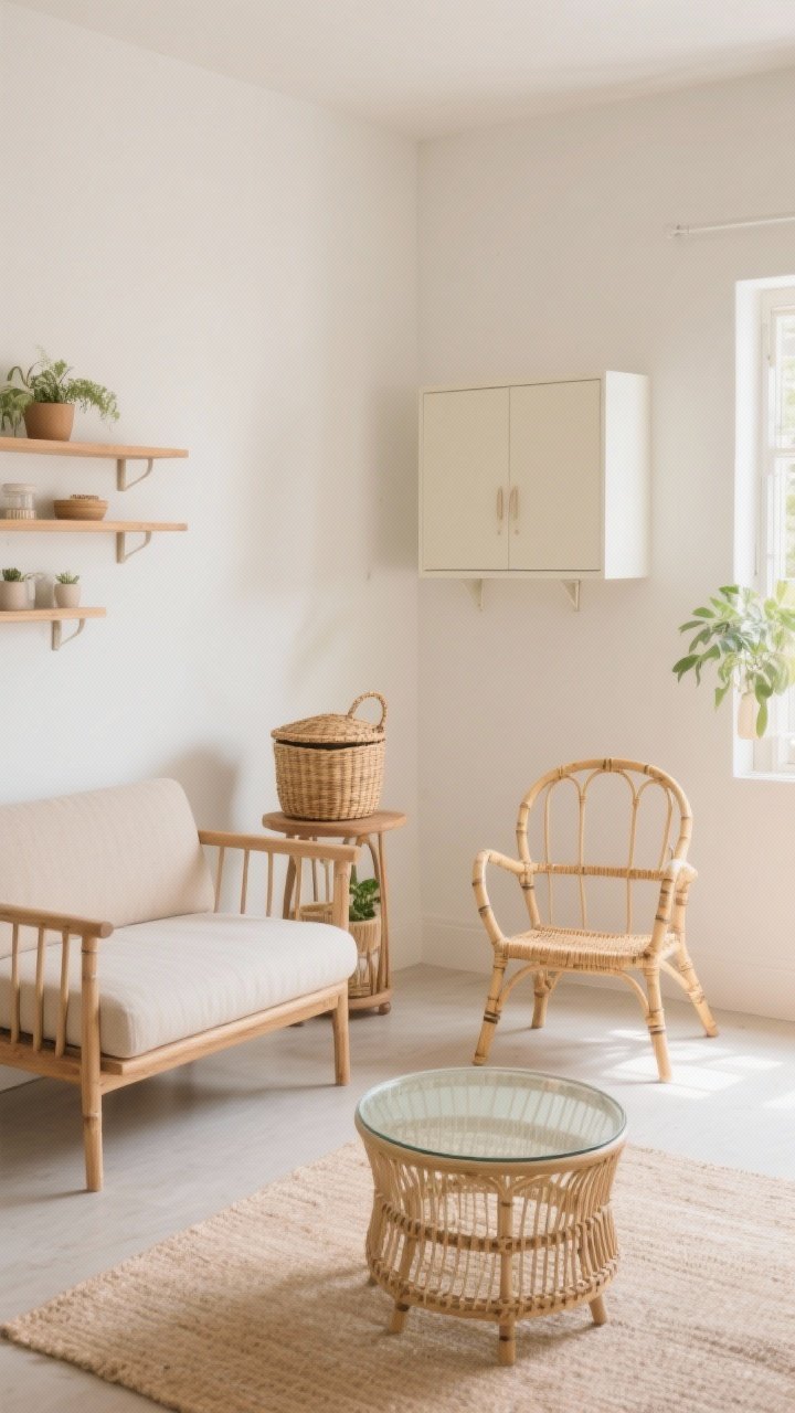 Medium shot from a corner angle of a small boho living room featuring airy, lifted furniture. A slim-armed loveseat with visible spindle legs, a lightweight rattan frame accent chair (bamboo/bentwood vibe), and a small round coffee table with a glass or cane top. Include a lidded rattan basket doubling as a side table/plant stand, and wall-mounted shelves plus a wall-hung cabinet to free floor space. Keep the composition minimal: one larger sofa rather than multiple tiny chairs. Light, lifted silhouettes; warm neutral palette with natural wood and rattan. Bright, even daylight for a breezy feel. Photorealistic, no people.