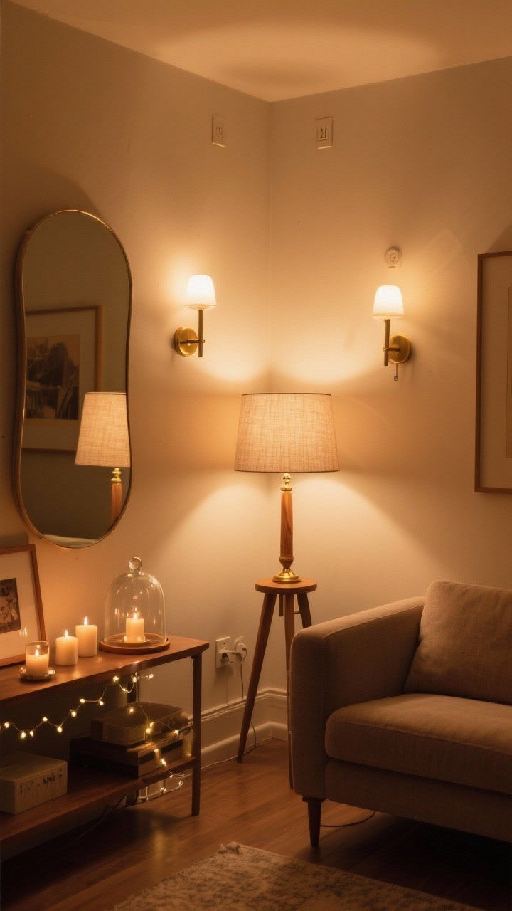 Medium shot from a corner angle of a small living room lit like a movie set: layered warm lighting at 2700K. A fabric-shaded floor lamp casts ambient glow; a table lamp with brass and wood details sits by the sofa for task lighting; accent lighting includes battery-operated candles and fairy lights inside a glass cloche on a shelf, plus a tiny picture light over a framed print. Plug-in wall sconces rise above to save floor space. All lights on dimmers, set to a cozy low level. A mirror positioned opposite a lamp bounces light and visually enlarges the room. Warm, inviting mood, no overhead glare, photorealistic, no people.