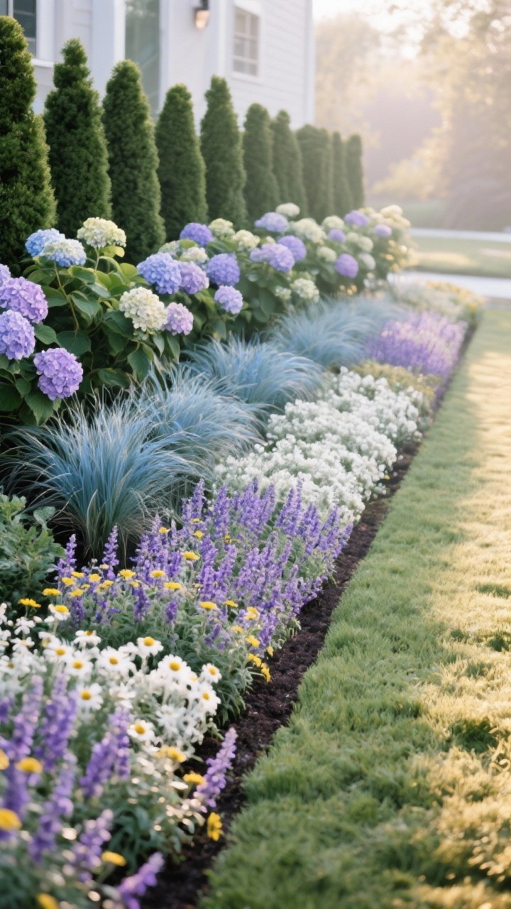 Medium shot from a slight side angle: A layered planting bed using the foolproof recipe—back row of dwarf arborvitae and hydrangea for structure, middle row of fountain grass and blue fescue for movement, front row of catmint and coreopsis for color. Repeated pattern across the bed, cool purple and white palette with hints of gold, soft morning light and a cohesive, designer rhythm.