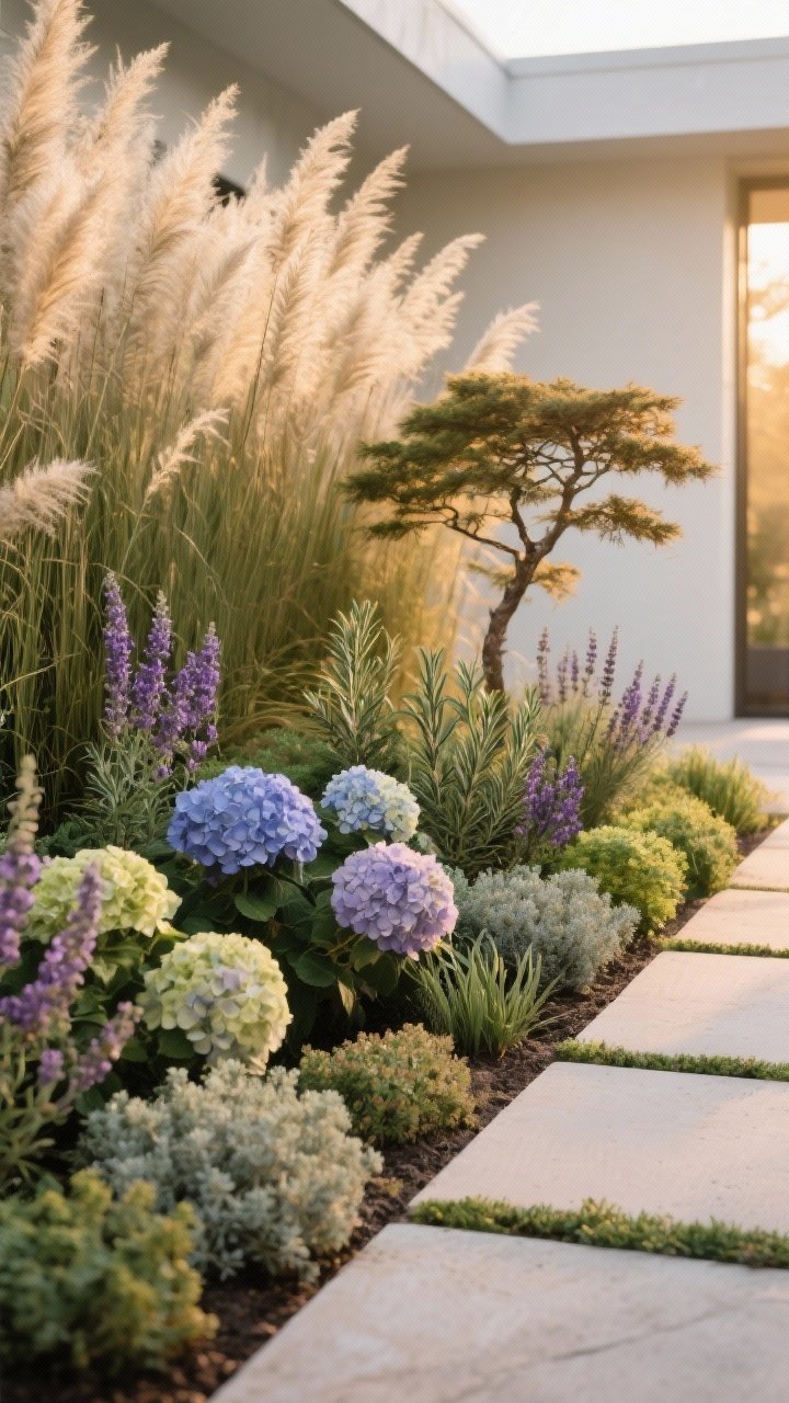 Medium shot, golden hour: Layered planting bed showing tall backdrop of feather reed grass and a small Japanese maple, middle layer of hydrangeas, lavender, and rosemary, and low edging of creeping thyme and sedum softening paver edges. Emphasis on mixed textures—feathery, glossy, fuzzy—in repeating odd-numbered clusters. Subtle depth-of-field, corner angle, serene mood.