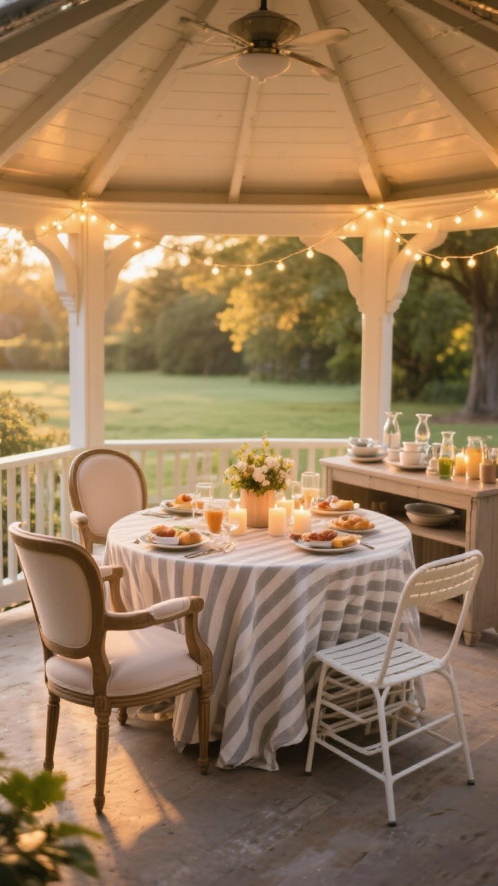 Medium shot: Intimate dining nook inside a gazebo with a round table set for brunch, mixed seating including two upholstered captains’ chairs and lightweight stackable chairs, soft string lights and candles creating warm glow, a low-profile centerpiece, classic striped outdoor-friendly table linens, and a slim console table against one side holding serveware and drinks; golden-hour lighting, photorealistic.