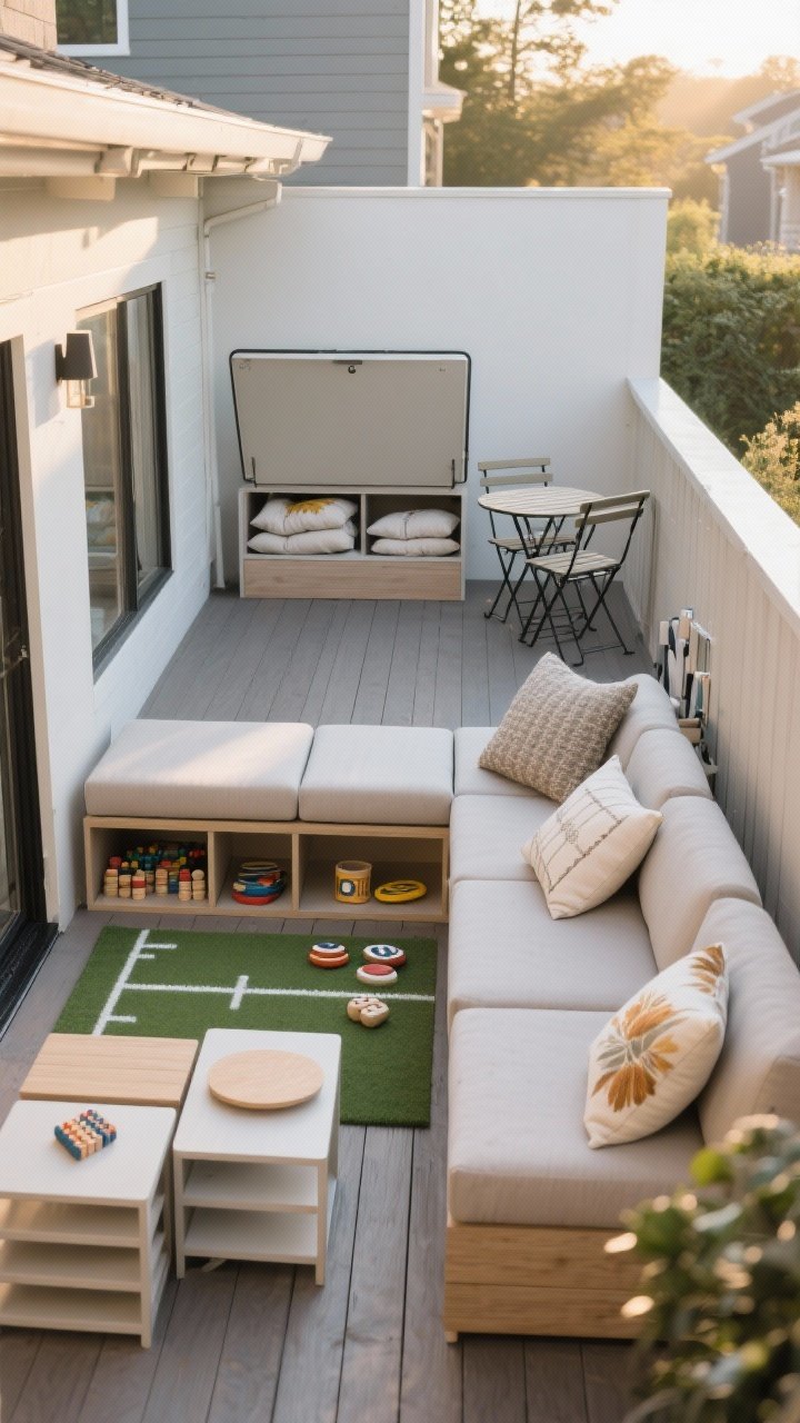 Medium shot, late afternoon: A smart small-deck layout showcasing multi-tasking furniture—modular seating arranged for a casual hangout, a storage bench lid slightly open revealing neatly stashed cushions and lawn games, a set of nesting tables partially pulled apart, and a folding bistro set tucked along a narrow zone. Cushions in calm neutral tones with a couple of seasonal throw pillows. Clean, functional, photorealistic.