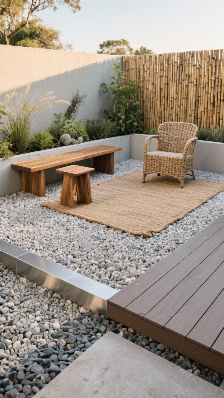 Medium shot, late afternoon: Material mix vignette—permeable gravel terrace edged with clean steel, a teak bench paired with an acacia side table, and a composite decking platform nearby for low upkeep. Woven all-weather wicker chair, jute-look outdoor rug, and a slender bamboo screen backdrop. One hero material (stone/gravel) with two supporting textures; restrained palette of 3–4 colors so plants shine. Straight-on, textural clarity.