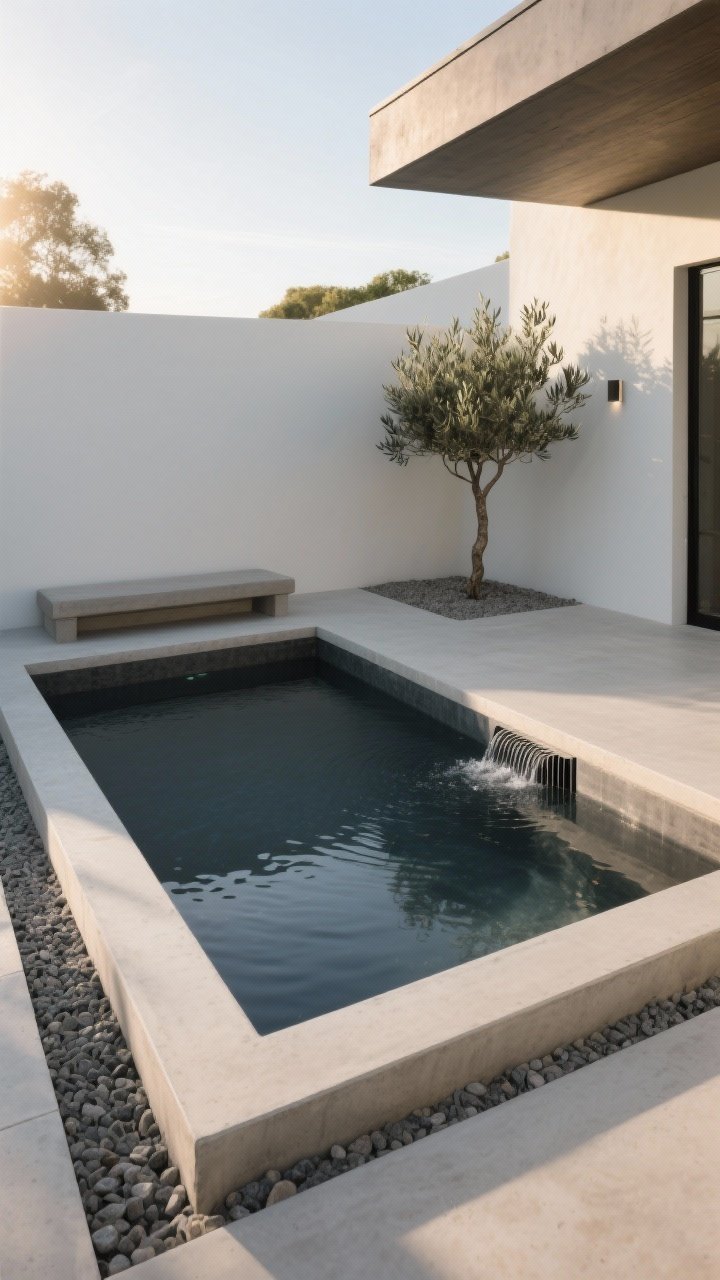 Medium shot, modern rectangular plunge pool (about 6x10–8x14 ft) with smooth poured-concrete coping, dark interior finish for deeper, cleaner-looking water, a narrow integrated bench ledge for seating, optional bench jets visible, subtle built-in heater vent, clean architectural lines, light late-afternoon sun, minimal landscaping with gravel and a single olive tree, photorealistic, no people.