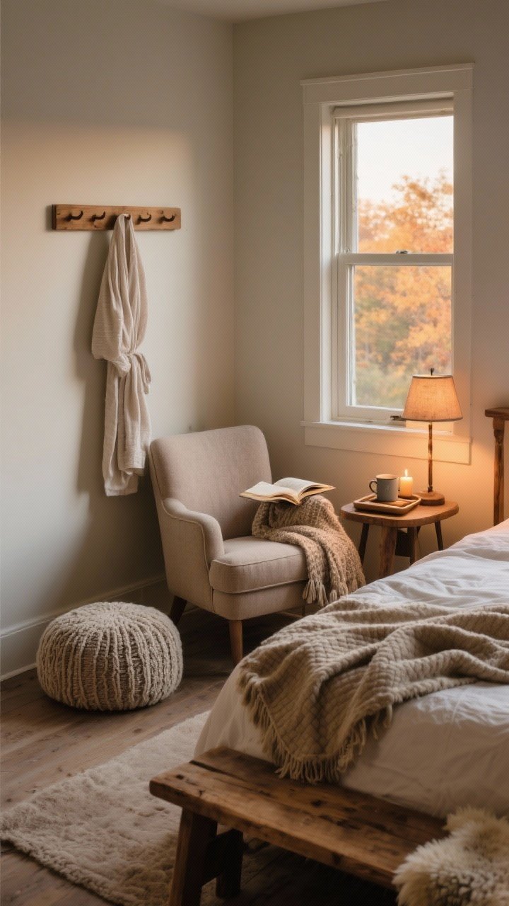 Medium shot, near-window nook at a corner angle: A cozy reading nook you’ll actually use—an upholstered chair with a textured throw, a small side table with a tray styled with a mug, a book, and a small candle; a warm reading lamp provides gentle ambient light. At the foot of the bed, a wood bench with a draped sheepskin or folded quilt. For small-space variation, a low floor cushion with a knit pouf sits nearby. A wood peg rail on the wall holds a soft cotton robe. Evening light with warm tones; bed subtly turned down with a casually draped throw. Inviting, lived-in rustic fall mood. No people.