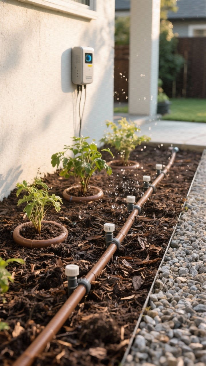 Medium shot of a backyard planting bed with a discreet drip irrigation system: brown tubing run under a fresh layer of mulch, close-up reveals pressure-compensating emitters at plant bases; a weatherproof smart controller with rain sensor mounted on a nearby wall; morning light, minimal overspray, damp soil circles at roots, clean gravel path adjacent; focus on efficient water delivery and tidy installation.