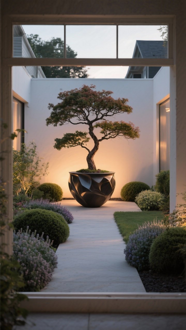Medium shot of a backyard vignette with a single dramatic focal point: a sculptural oversized planter or a Japanese maple centered at the end of a gentle path and perfectly framed by low, mounded perennials so it doesn’t look random; simple supporting plants create a stage; clean background; warm evening uplight subtly emphasizing the focal point; mood: restrained and elegant; perspective: straight-on view from a window sightline toward the focal point.