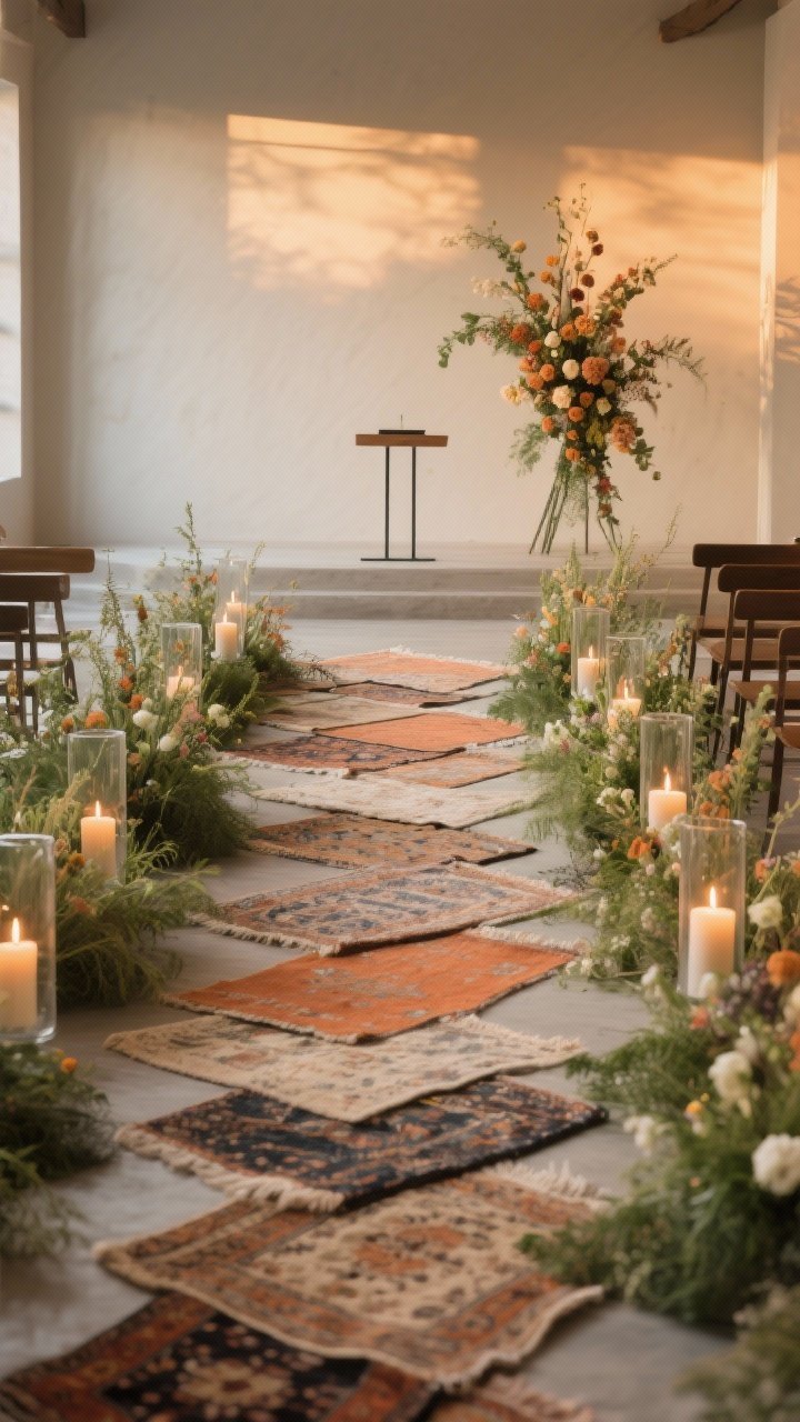 Medium shot of a ceremony aisle with texture and asymmetry: a path made from a series of overlapping vintage rugs as a runner; low meadow-style grounded florals lining both sides with natural, airy greenery; clusters of glass hurricane cylinders with LED pillar candles along the edges for safe glow; at the altar, a modern asymmetric floral arrangement only on one side; warm late-afternoon lighting; neutral tones with terracotta accents; photorealistic, slight diagonal aisle perspective.