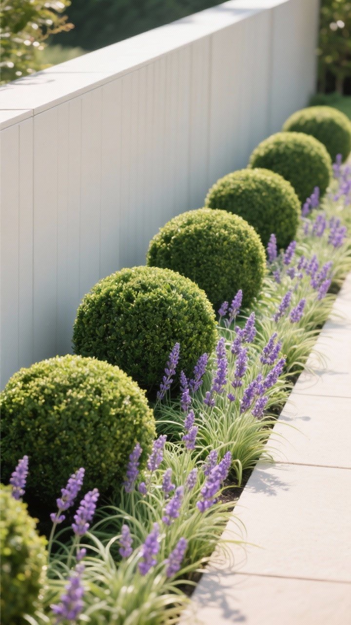 Medium shot of a cohesive planting scheme with repetition: groups of five trimmed boxwood spheres, repeating drifts of liriope/mondo grass, and clusters of lavender in bloom for color and fragrance; simple modern backdrop fence; tight plant palette repeated rhythmically across the border; warm natural daylight; photorealistic, slight corner angle to show depth and pattern.