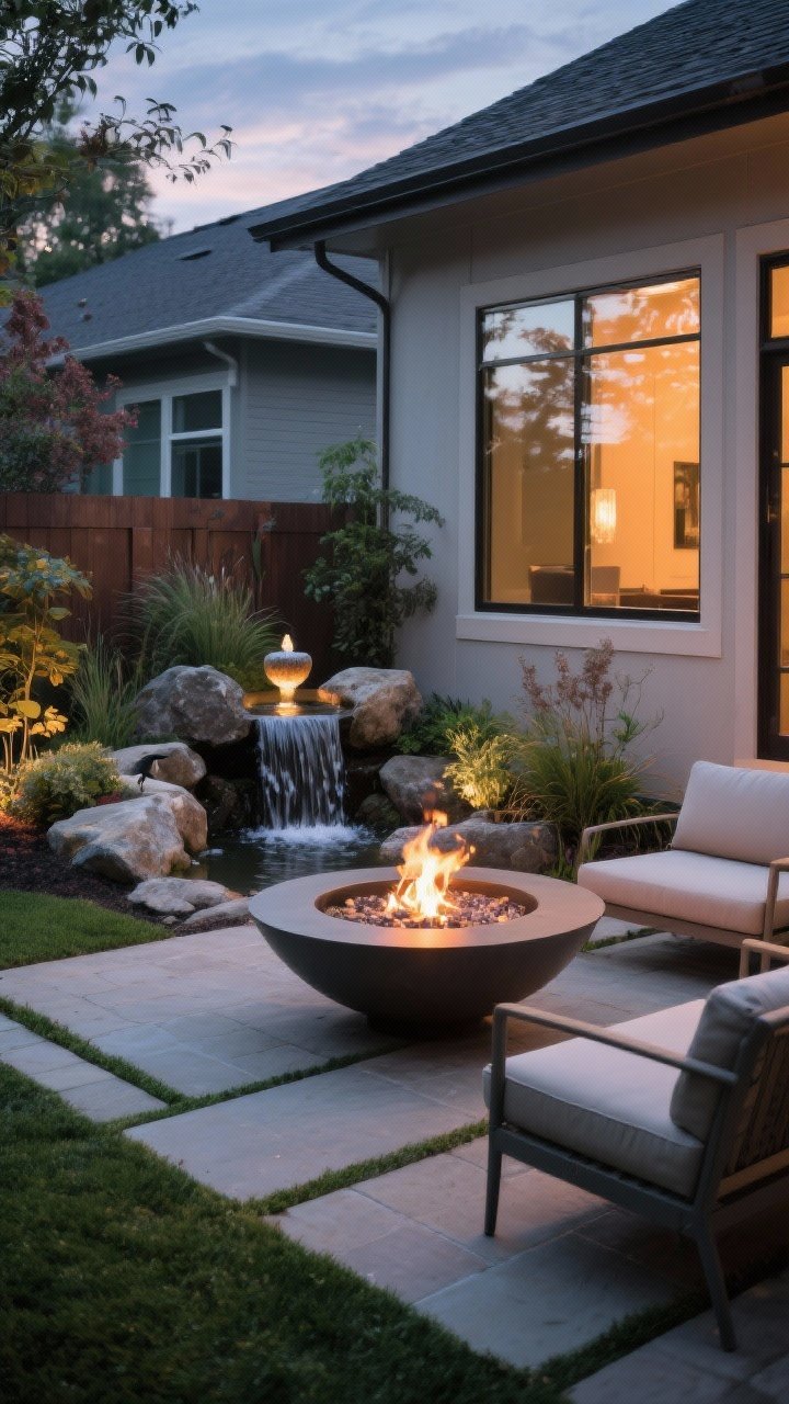 Medium shot of a compact focal feature: a modern gas fire bowl on a small patio with seating drawn in, or a bubbling birdbath/fountain surrounded by planting, or a pondless waterfall with rocks and hidden basin; scaled appropriately for a small yard; positioned so it’s visible from interior windows; twilight lighting with warm reflections on surfaces; mood tranquil and inviting; no people.