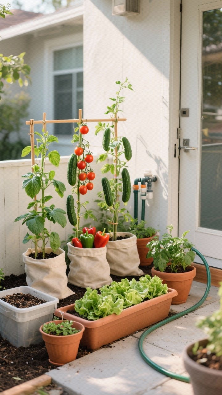 Medium shot of a compact kitchen garden arranged for usability. Group fabric grow bags with basil, cherry tomatoes staked, cucumbers on a small trellis, peppers, and a low trough of lettuces. Include terracotta and plastic planters clustered near a back door for quick herb snips. Show a simple soil mix bag combo (potting soil, compost, perlite) nearby or implied in open containers, and a basic drip kit or soaker hose snaked through the pots. Soft morning light, tidy and productive look.
