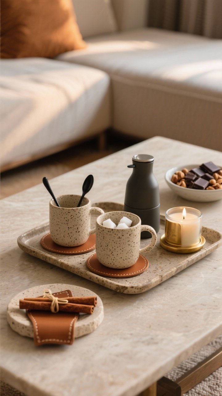 Medium shot of a cozy beverage station corralled on a tray on the coffee table: two speckled stoneware mugs, a small lidded container with sugar cubes, matching coasters in leather or travertine, and gold or matte black stir spoons. Optional mini carafe or compact thermos, a small snack dish with roasted nuts or dark chocolate squares, and a bundled cinnamon stick to align with a vanilla candle in the background. Warm, inviting late-afternoon light, neutral palette with warm accents (terracotta, cinnamon brown). Composition practical and tidy, ready for movie night. Photorealistic, no people.