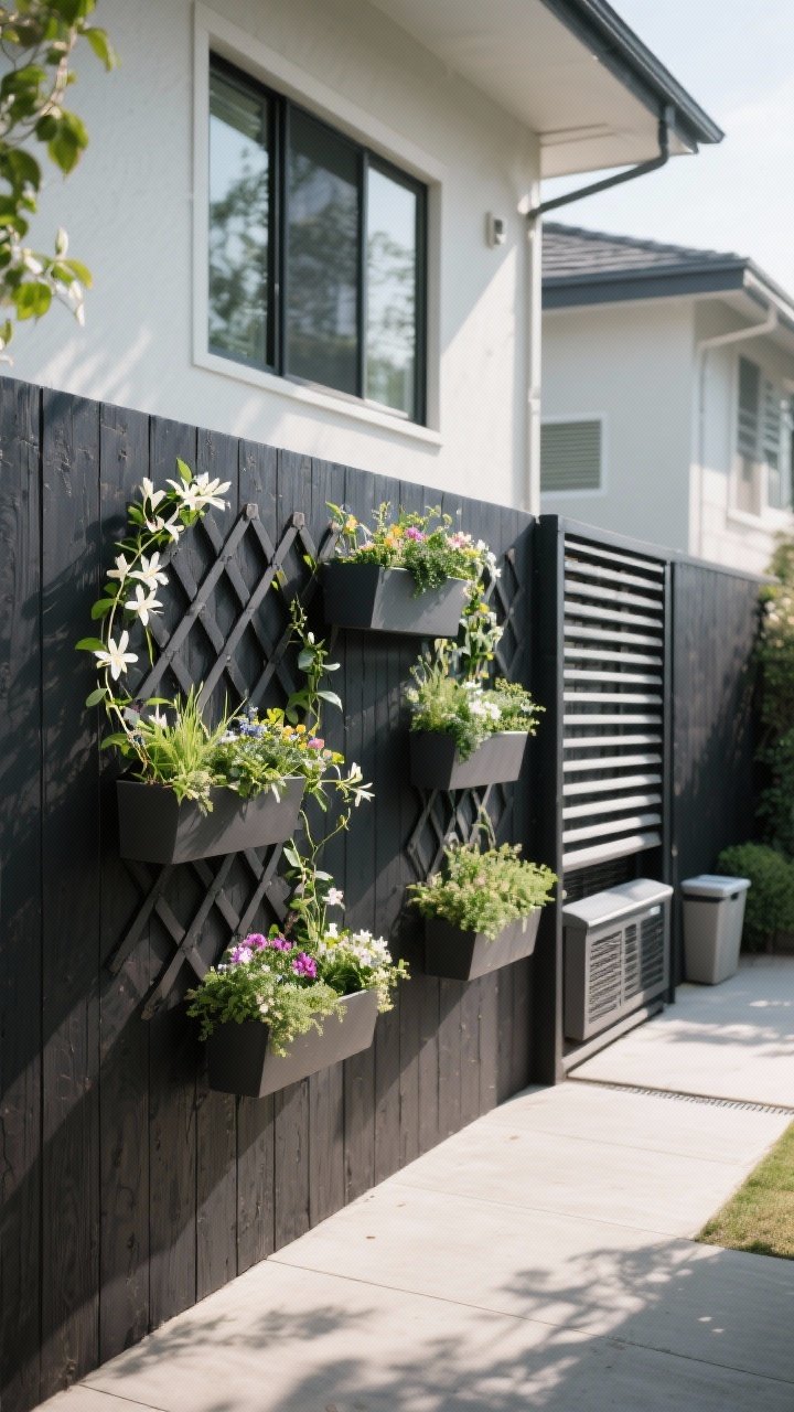 Medium shot of a dressed fence: wooden panels stained a rich charcoal tone, with a grid trellis supporting young jasmine/clematis vines, several wall-hung planters/window boxes overflowing with greenery and flowers, and a modern slatted screen neatly hiding bins/AC; layered look adds depth; soft afternoon light with gentle shadows; straight-on composition.