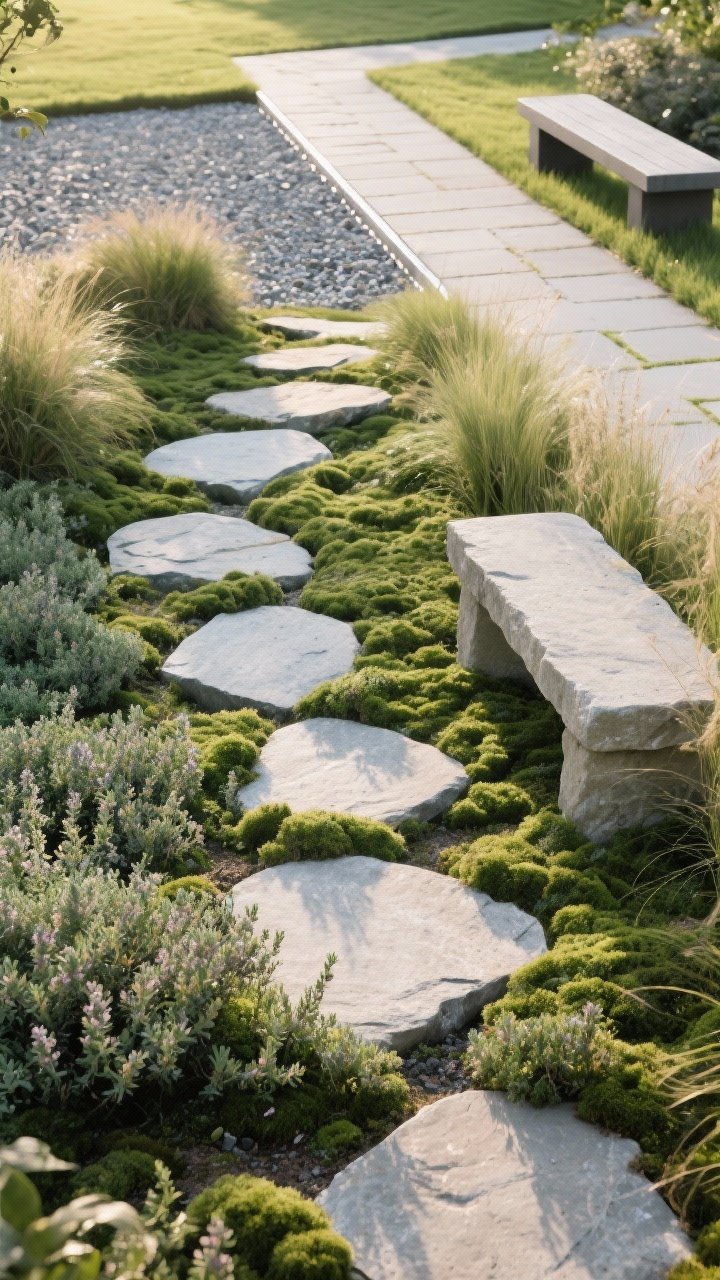 Medium shot of a garden path that invites walking barefoot: classic large irregular stepping stones set through a lush carpet of groundcover with thyme and Irish moss filling joints at 18–24 inch spacing; the path leads to a simple stone bench framed by grasses; alternative materials visible in background—crushed gravel path with steel edging and a modern paver strip with grass joints—showing options; gentle late-afternoon light; no people.