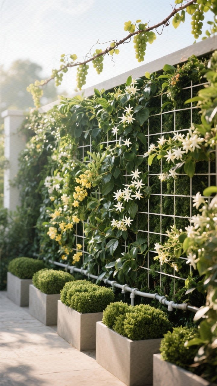 Medium shot of a living green wall fence: a simple wire trellis and lattice structure supporting dense star jasmine and ivy with some Carolina jessamine weaving through; modular planters at the base with boxwood and podocarpus for evergreen mass, a drip irrigation line visible and neatly installed; soft, diffused morning light, slight gloss on leaves; include a note of edible interest with a trained grapevine cordon along the top; straight-on perspective, resort-like mood.