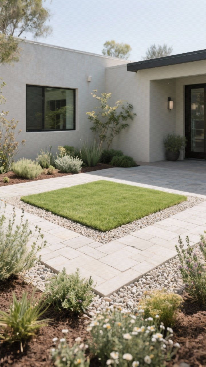 Medium shot of a low-lawn strategy: a paver-and-gravel courtyard dominating the scene with a small rectangular “green rug” of no-mow fescue neatly inset; edges replaced by deep mulched beds filled with drought-tolerant perennials and groundcovers like dwarf mondo and thyme; any remaining lawn shaped into a simple rectangle—no curves; modern, water-wise mood; clean lines, muted palette; bright natural daylight; photorealistic.
