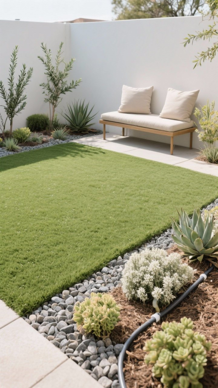 Medium shot of a low-maintenance layout: realistic artificial turf lawn bordered by tidy gravel and mulch beds, drought-tolerant plants like rosemary, agave, sedum, and santolina arranged simply. Subtle drip irrigation lines tucked at plant bases. A couple of neutral cushions on a bench for easy seasonal swapping. Clear, bright natural light, photorealistic, straight-on.