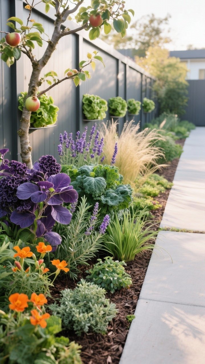Medium shot of a lush edible border integrated into a contemporary flower bed along a path: purple basil paired with lavender, curly kale mingling with ornamental grasses, rosemary forming a low hedge; espaliered apple branches trained flat against a sleek fence; seasonal pockets with lettuce and orange nasturtiums; front row herbs (thyme, oregano, chives) edge the bed; late morning natural light, clean mulch lines, and a restrained, intentional palette.