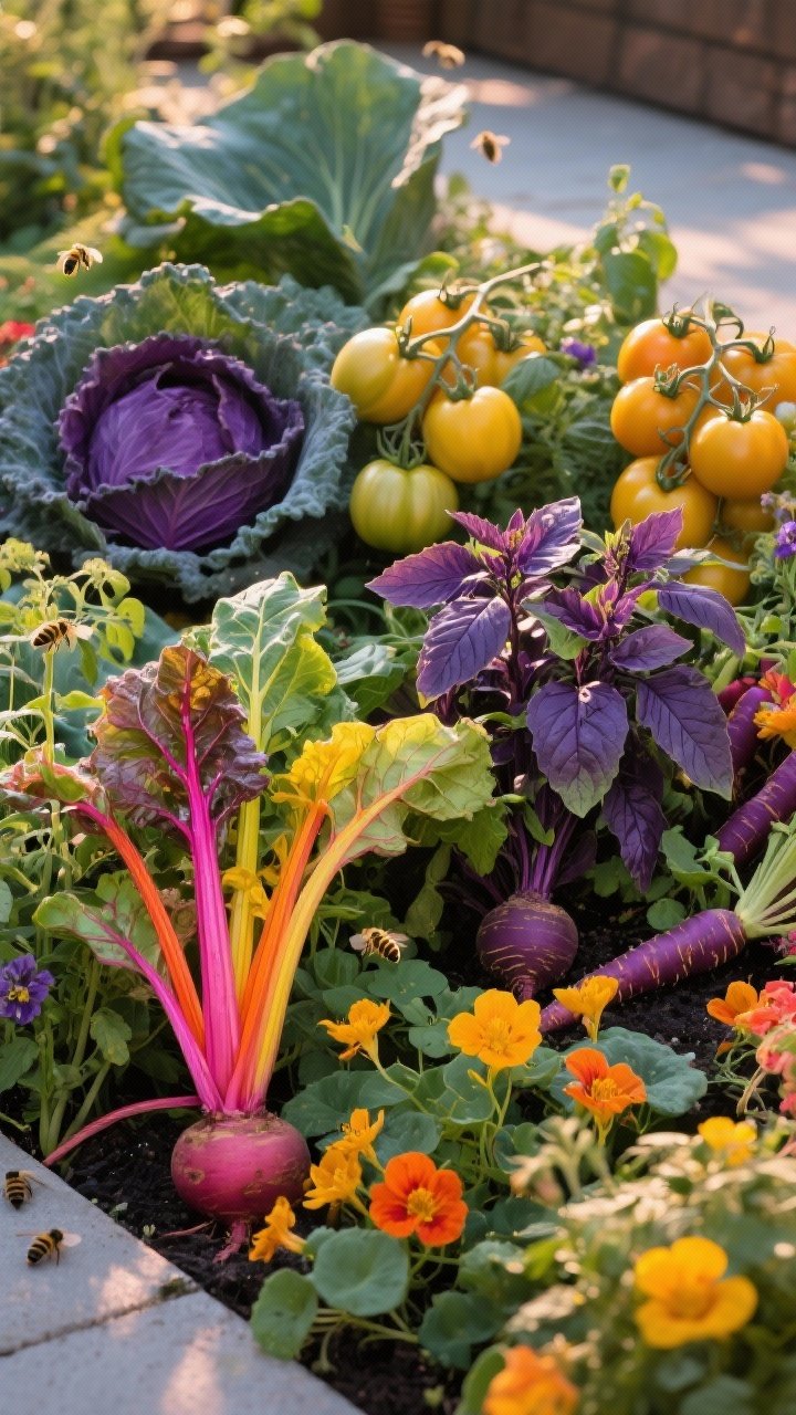 Medium shot of a mixed bed blending colorful edibles with ornamentals: rainbow chard with hot pink, orange, and yellow stems; deep plum purple basil and Thai basil; purple kale and cabbage for structure; clusters of golden beets, yellow tomatoes on the vine, and hints of purple carrots; nasturtiums and calendula interplanted as edible flowers; bees absent but pollinator-friendly vibe; late afternoon warm light, slight backlight to glow through leaves.