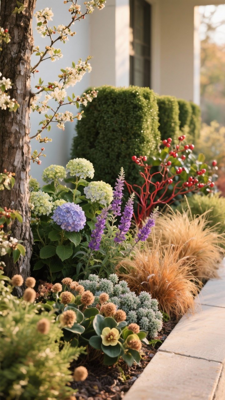 Medium shot of a mixed four-season border: spring serviceberry with delicate blossoms, summer hydrangea and purple salvia, fall-toned panicum and aster with sedum seedheads, and winter structure from boxwood, hellebore, red twig dogwood, and evergreen grasses; visible bark texture and retained seedheads for off-season interest; balanced evergreens and deciduous forms; soft golden-hour light; photorealistic.