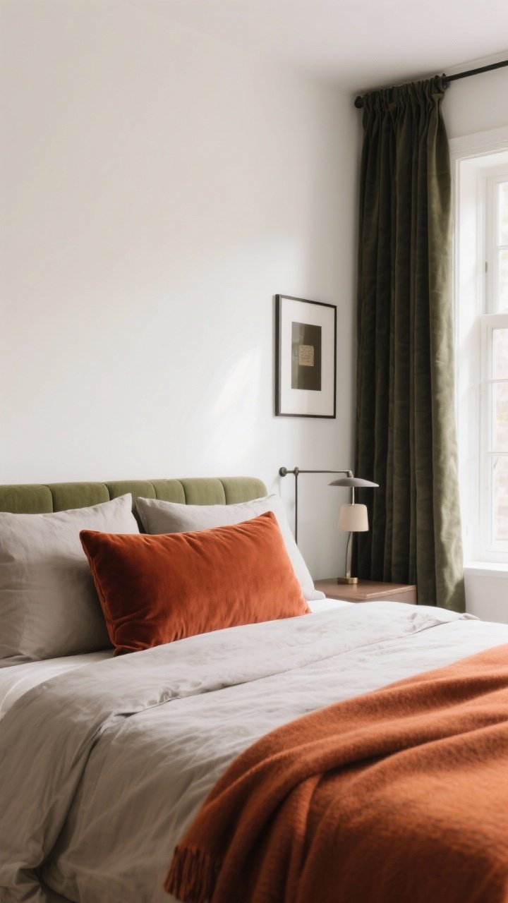 Medium shot of a modern bedroom color story with a tight palette: warm white walls, soft greige bedding, and a single strong accent color—rust—on a velvet lumbar pillow; olive linen curtains framing the window; small hits of depth in charcoal or espresso on thin metal picture frames, a table lamp base, and curtain rods; add a terracotta throw folded at the foot of the bed; balanced composition from a straight-on perspective; soft diffused daylight with gentle shadows; overall mood is earthy neutrals—cocoa, tobacco, olive, terracotta, rust, and charcoal—anchored with creamy whites and taupes
