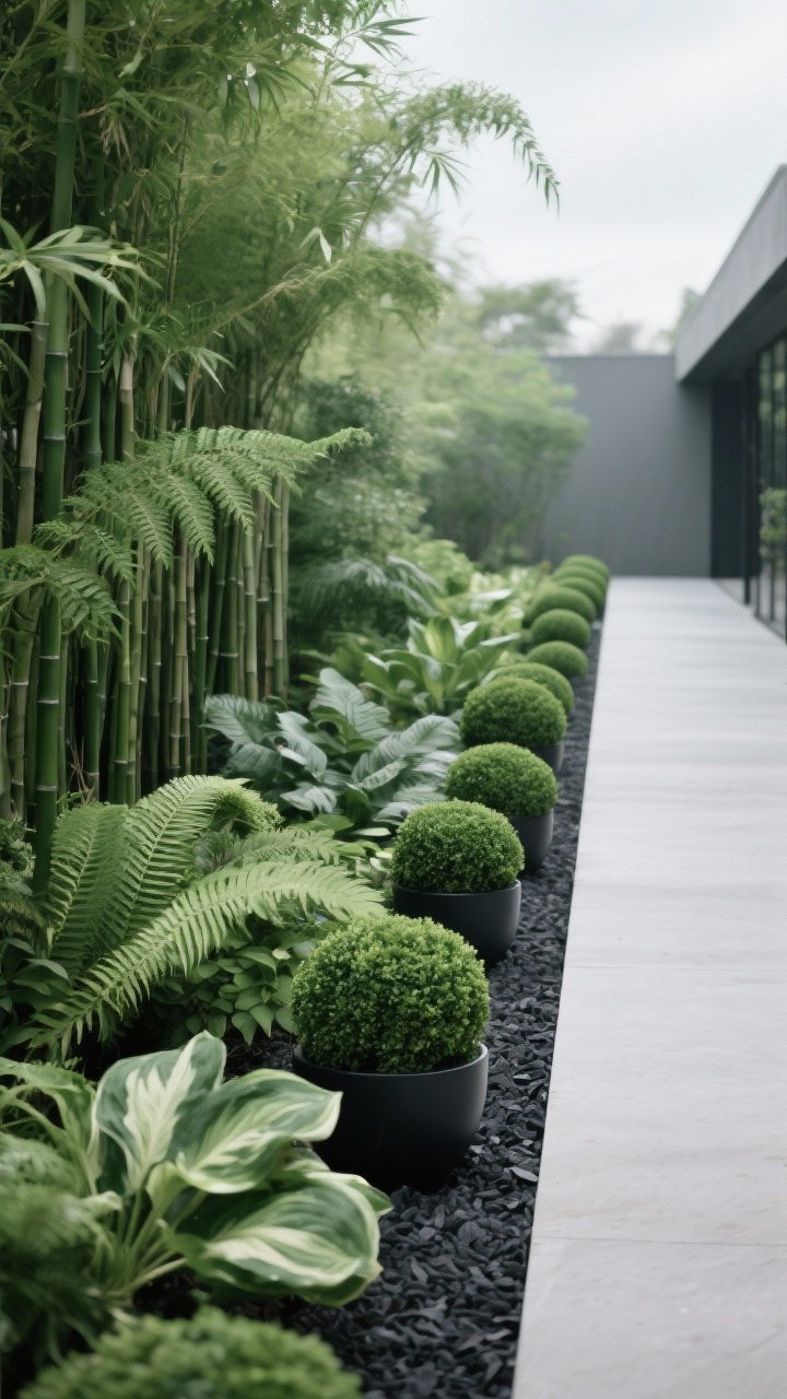 Medium shot of a monochrome green-on-green planting along a modern path: ferns, hostas, boxwood, and slender bamboo create serene texture; dynamic composition with varied leaf sizes and shapes; repeated boxwood spheres provide rhythm; dark charcoal mulch frames the palette; matte black planters add contrast; soft overcast lighting enhances the calm, sophisticated mood; straight-on perspective for orderly repetition.