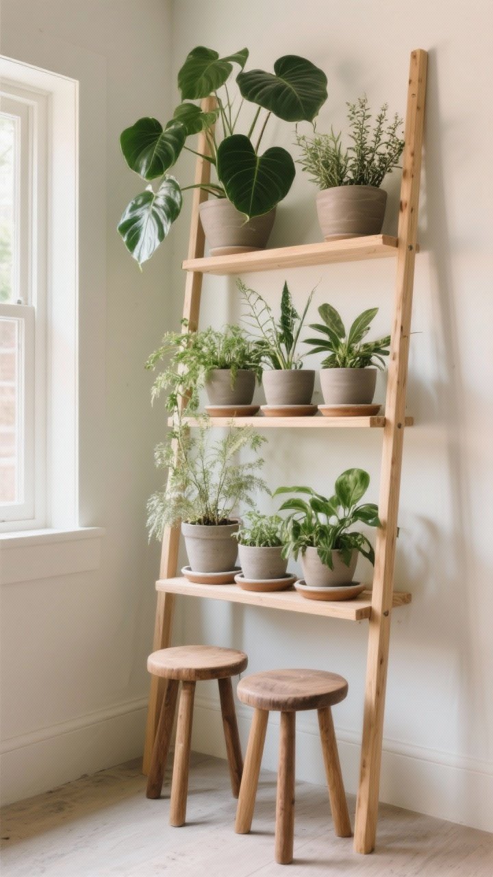 Medium shot of a multi-tier plant stand and stools in a small nook: tiered ladder stand with big-leaf plants beside fine, delicate foliage for contrast; plants grouped in threes and fives. Thirstier plants on lower shelves with trays/saucers to catch runoff, drought-tolerant plants on top. Mixed materials: light wood stand, matte ceramic pots. Soft side lighting creating gentle highlights on leaves, organized yet lush.