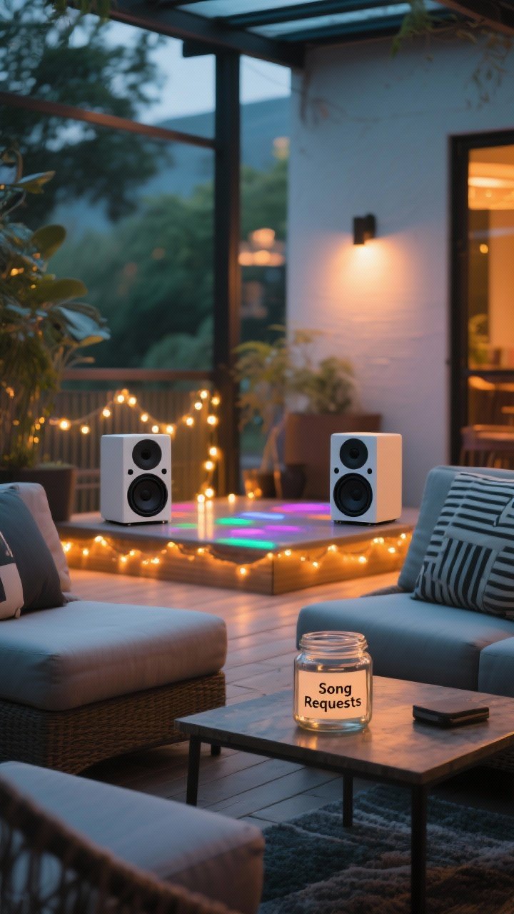 Medium shot of a music-focused lounge area: two small wireless speakers placed at opposite sides of the patio near seating to suggest balanced sound, a small area with fairy lights hinting at a mini dance spot, and a jar labeled “Song Requests” on a side table; overall mood is lively but conversational, with warm ambient lighting and no people.