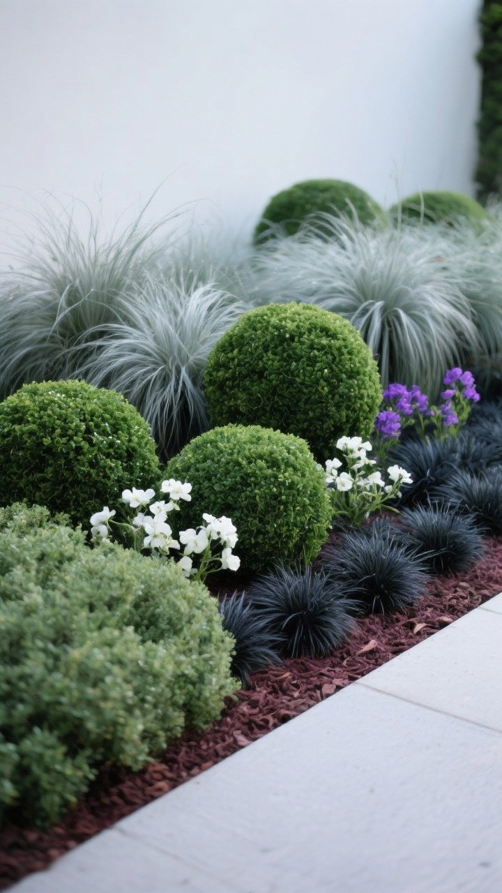 Medium shot of a planting bed featuring a monochrome palette: silvery Festuca glauca mounds paired with glossy green boxwood spheres, accented with a subtle ribbon of black mondo grass for contrast; limited flowers in white and purple only, sparsely placed; overall greens-on-greens with hints of deep burgundy and silvery blue tones; soft overcast daylight for spa-like cohesion; focus on foliage shapes and textures rather than blooms; clean mulch lines; photorealistic.