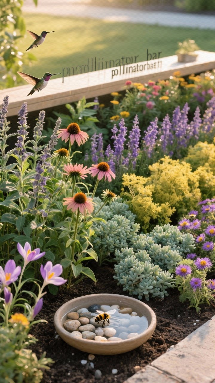 Medium shot of a “pollinator bar” garden bed, three-season layers in view, captured at an eye-level angle with warm morning light. Early-season crocus, salvia, catmint; mid-season coneflower, bee balm, lavender; late-season asters, sedum, goldenrod staggered for continuous bloom. In the foreground, a shallow saucer with pebbles as a bee water station. No pesticides visible; healthy soil and mixed textures suggest eco-friendly care. Hummingbird-friendly flowers present, but no animals shown.
