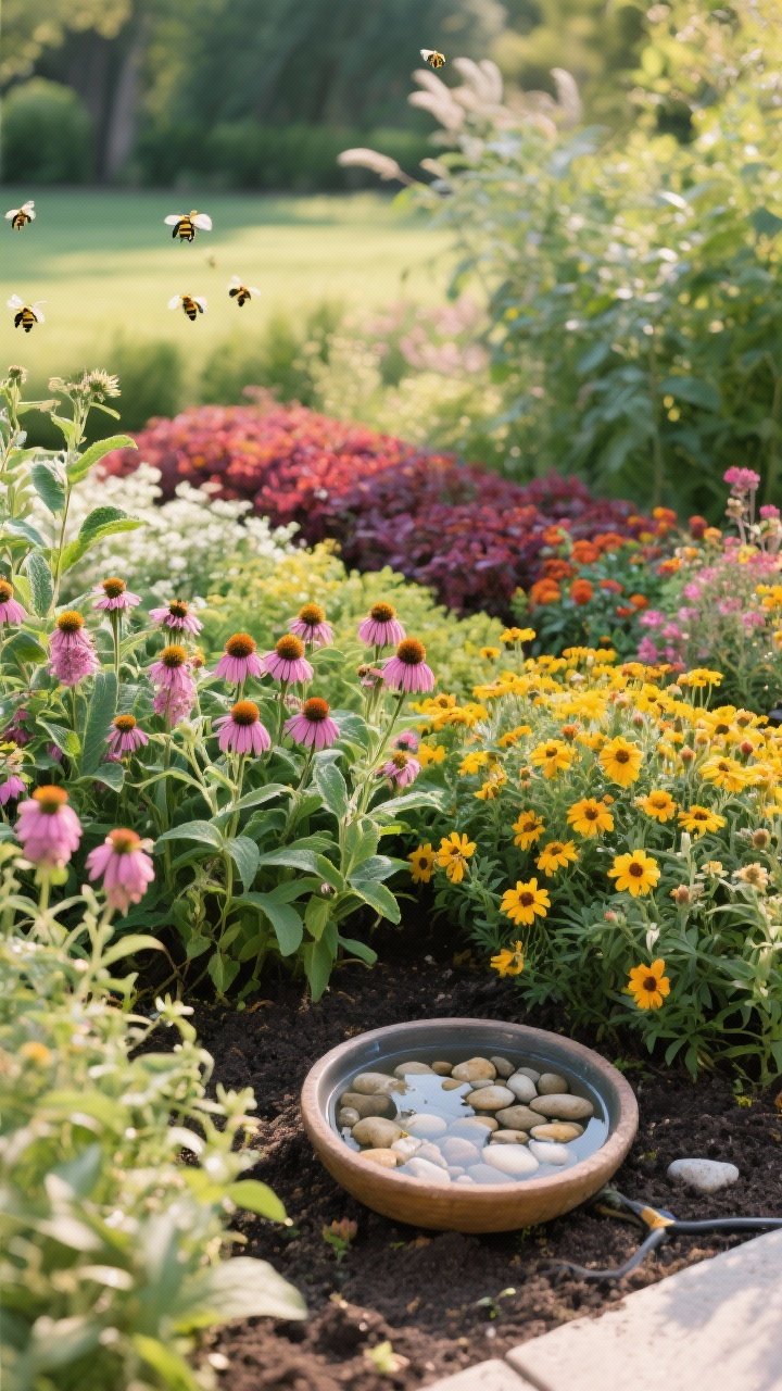 Medium shot of a pollinator-friendly bed planted in colorful drifts: bee balm, milkweed, salvia, echinacea, and calendula in clustered swaths. A shallow water dish with pebbles set at soil level nearby. No pesticides or sprayers visible. Late morning natural light, slight motion blur suggestion in foliage only (no insects visible), vibrant and inviting.
