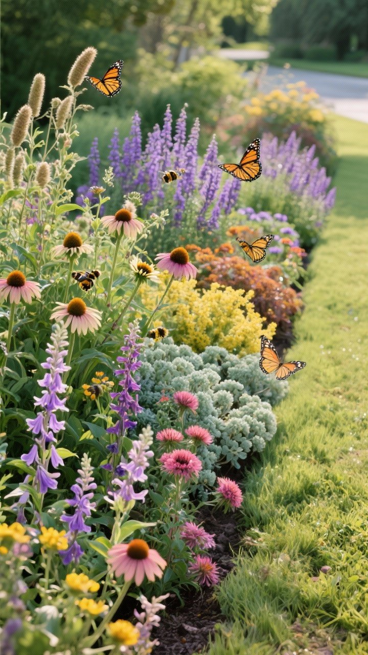 Medium shot of a pollinator-friendly border alive with varied blooms: spring salvia and columbine lingering at one end, transitioning to summer coneflower, bee balm, lavender, and yarrow, and hinting of fall asters, goldenrod, and sedum further down the bed. Native, layered planting with staggered bloom times, seed heads visible for seasonal interest. Bright natural daylight, butterflies and bees implied by flower positioning (no animals visible), vibrant but cohesive color palette.