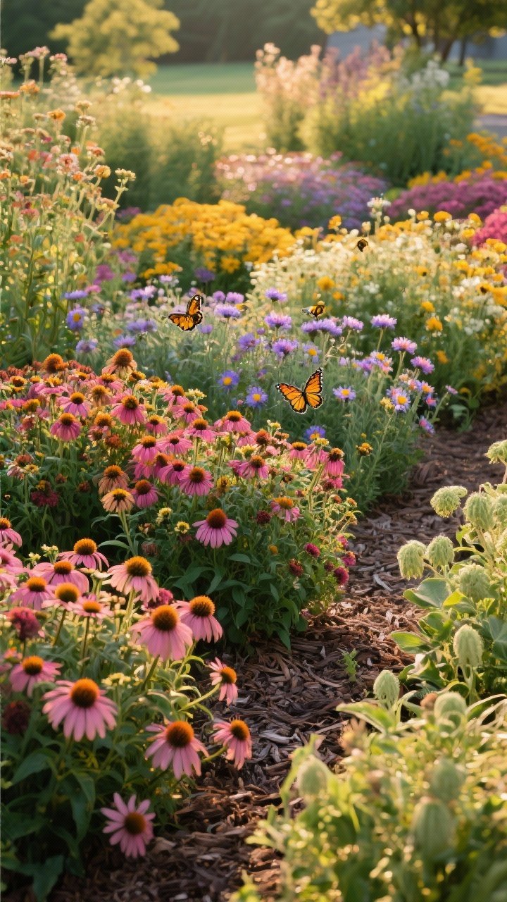 Medium shot of a pollinator garden in peak bloom: blocks of color featuring bee balm, coneflowers, asters, and milkweed planted in clustered drifts; diverse flower shapes to attract bees and butterflies; staggered heights for continuous bloom from spring to fall; organic mulch between plant groupings; no pesticides evident, companion plants interwoven; golden-hour lighting with gentle backlight catching pollinator-friendly flowers; straight-on view capturing the lively, ecological feel.