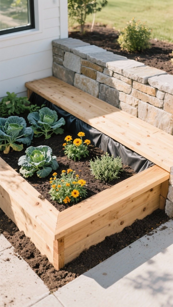 Medium shot of a raised garden bed build: clean-lined cedar boards forming a 4-foot-wide bed with a smooth 2x4 cap rail for seating; adjacent bed made from stacked stone/retaining wall blocks for a more polished look; interior lined with landscape fabric in a pressure-treated option; planted mix of kale, calendula, and thyme; fresh soil texture visible; bright morning light, slight corner angle.