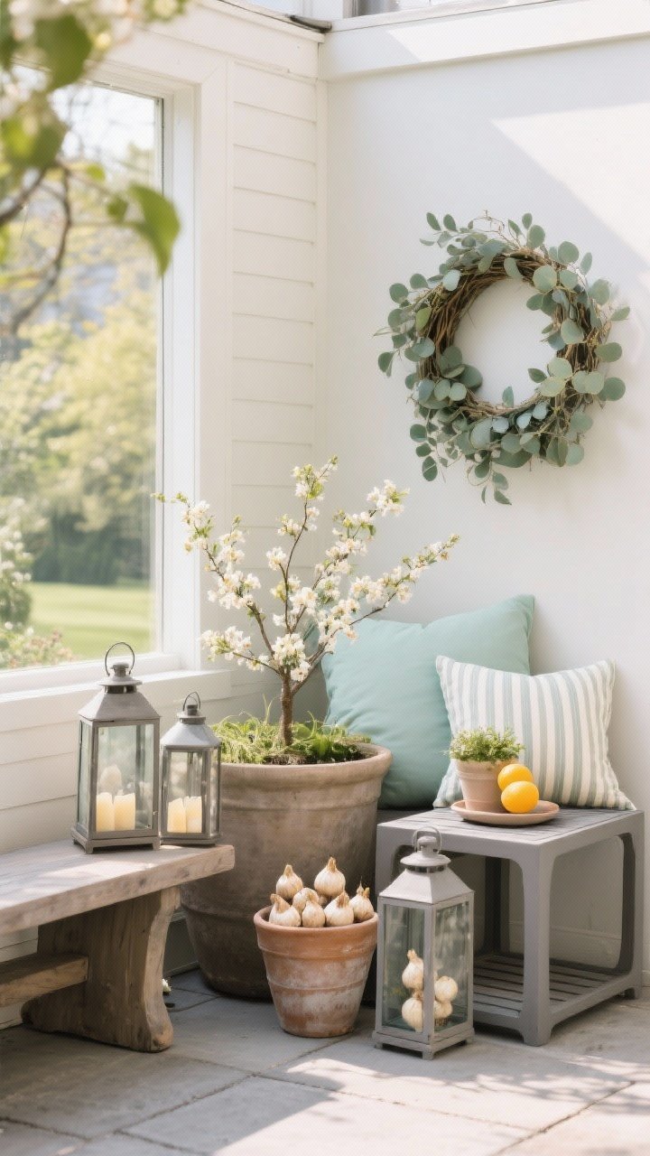 Medium shot of a seasonal vignette corner on a patio, captured from a cozy corner angle. Year-round base includes a sturdy bench, an oversized planter, two lanterns, and a weatherproof side table. Rotating accents styled for a transitional moment: spring elements (bulb-filled pots, pastel cushions, eucalyptus wreath) subtly mixing with early summer touches (a small potted citrus and a striped pillow). Soft morning light; composition feels freshly updated and easy to swap.