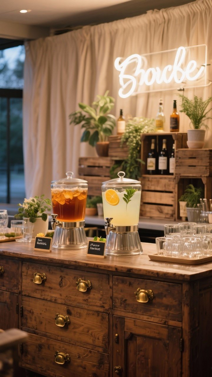 Medium shot of a self-serve bar styled like a boutique: a vintage wooden dresser as the bar with brass pulls; two labeled glass drink dispensers for signature cocktails (one spirit-forward amber drink, one light citrusy option), neatly tagged garnishes, and labeled glass types; a styled back bar using stacked wooden crates with bottles, potted plants, and a warm white neon sign; a draped linen backdrop in neutral tones; soft evening lighting; photorealistic, straight-on.