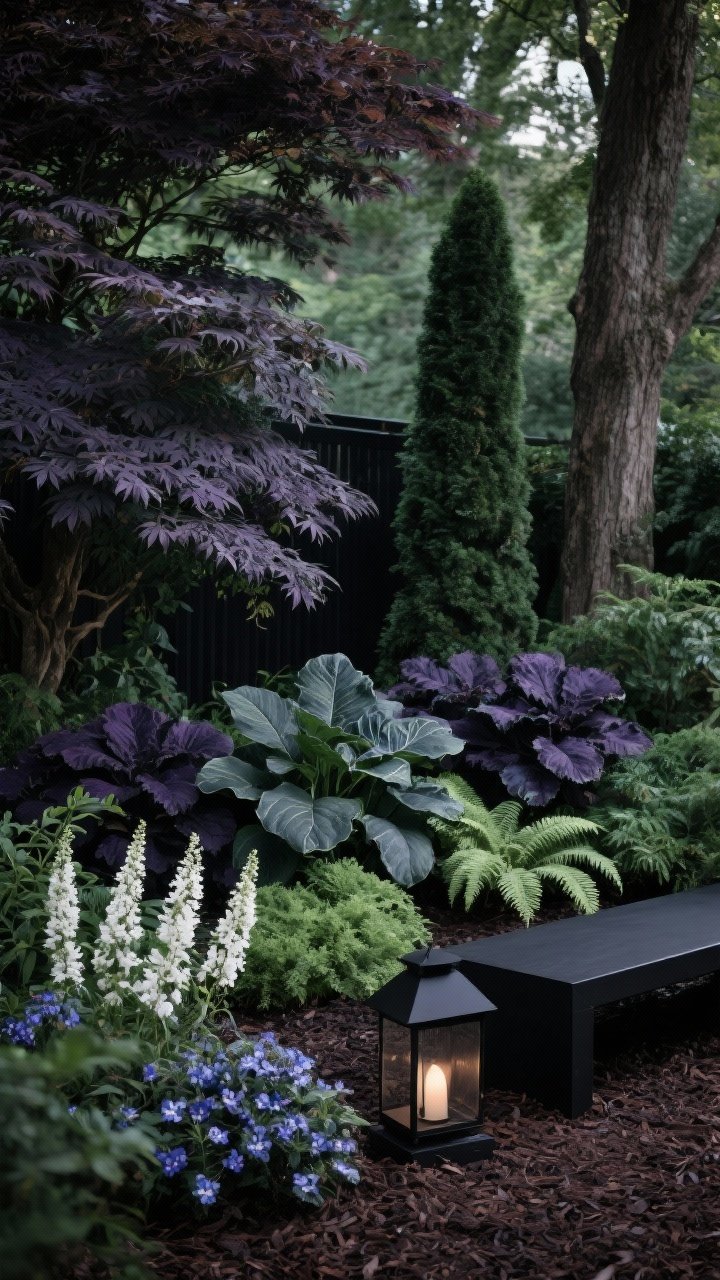 Medium shot of a shadow garden tucked under mature trees, with moody deep greens and purple-black foliage; structure from a Japanese maple and columnar yews, textured layers of dark heuchera, broad hosta leaves, painted ferns, and lungwort; white astilbe and variegated brunnera catching low, dappled light; dark brown/black mulch unifying the palette; a matte black bench and a matte black lantern providing contrast; cool, dramatic, lounge-like atmosphere, soft shade lighting.