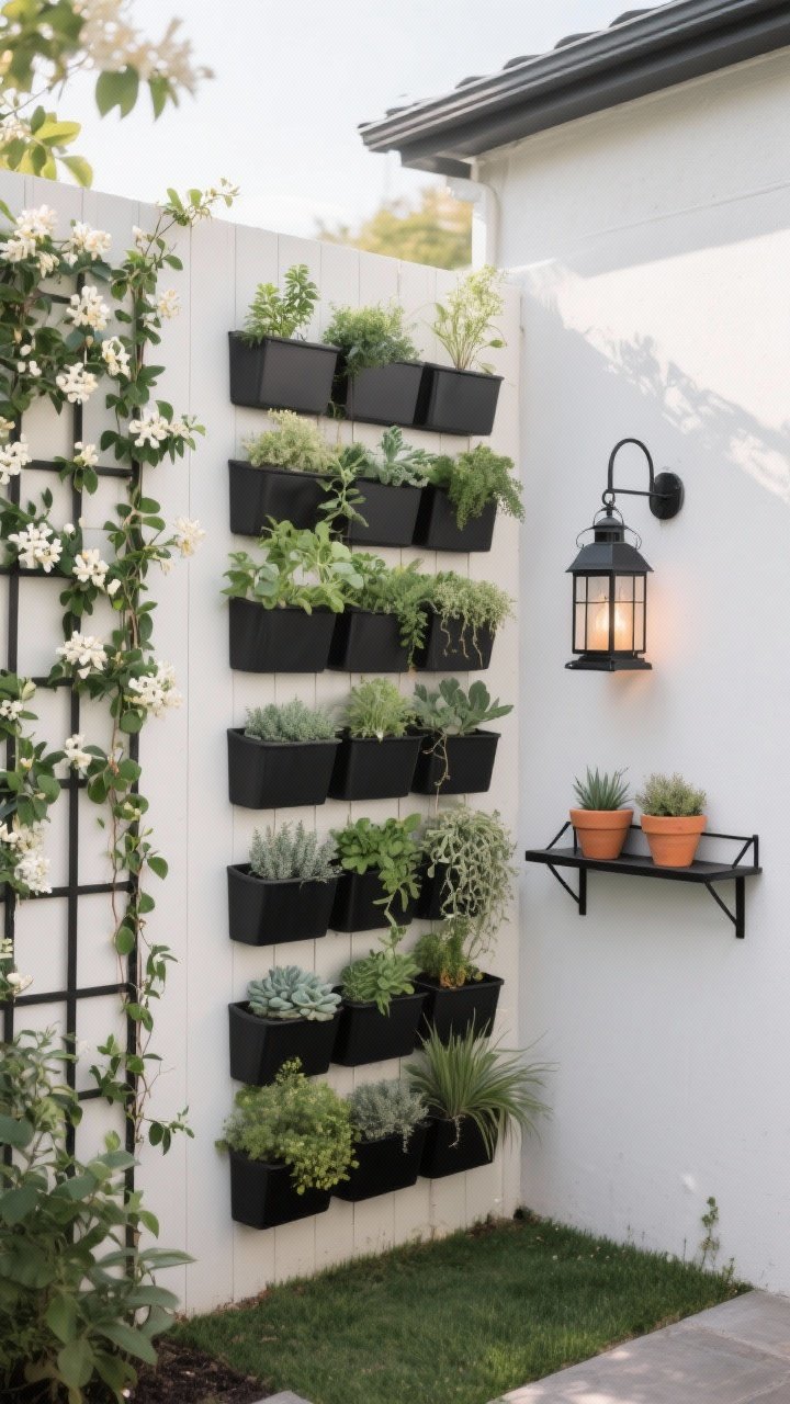 Medium shot of a small yard fence turned vertical garden: a cohesive grid of modular wall planters in matte black filled with herbs, succulents, and trailing ivy, flanked by a slim trellis with jasmine climbing and blooming. Add a narrow black metal wall shelf holding lanterns and small terracotta pots, keeping a tight black/white/terracotta color palette. Eye-level, slightly angled perspective, soft morning light emphasizing verticality, photorealistic, no people.