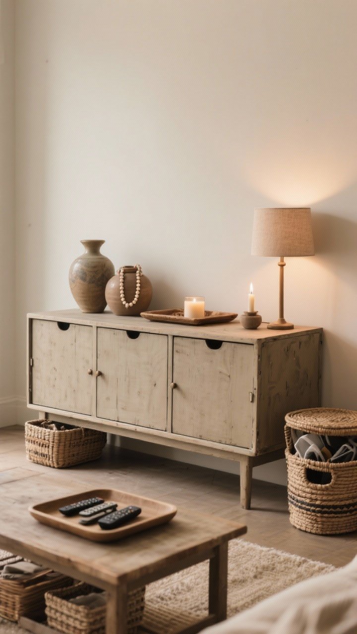 Medium shot of a styled storage wall and coffee table vignette that looks edited and tidy. Show a vintage credenza/media cabinet with closed doors hiding clutter; on top, a curated vignette of three to five objects: a ceramic vase, a bead strand, and a candle arranged on a tray. Nearby, lidded baskets for corralling extras, plus a separate tray on the coffee table for remotes. Suggest seasonal rotation with a neatly stacked bin on a low shelf. Warm, cozy ambient light from a single candle and a table lamp, reinforcing a simple scent ritual vibe. Neutral, earthy boho palette; clean, uncluttered composition. Photorealistic, no people.