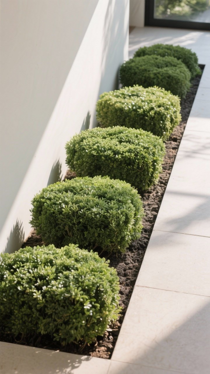 Medium shot of a tidy planting bed showcasing repetition: staggered groups of 3 and