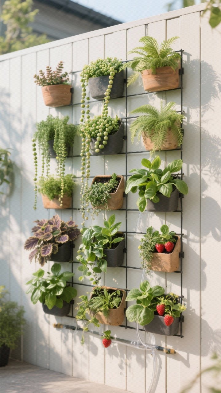 Medium shot of a vertical garden “living gallery” on a slat wall fence, straight-on. A grid panel holds varied planters with sun and shade selections: string of pearls, sedum, creeping Jenny, ferns, pothos (in warm-climate setting), heuchera, plus pockets of basil, mint, thyme, and a few strawberry plants. Visible drip irrigation line neatly integrated. Morning light enhances leaf textures; crisp, curated arrangement feels like wall art.