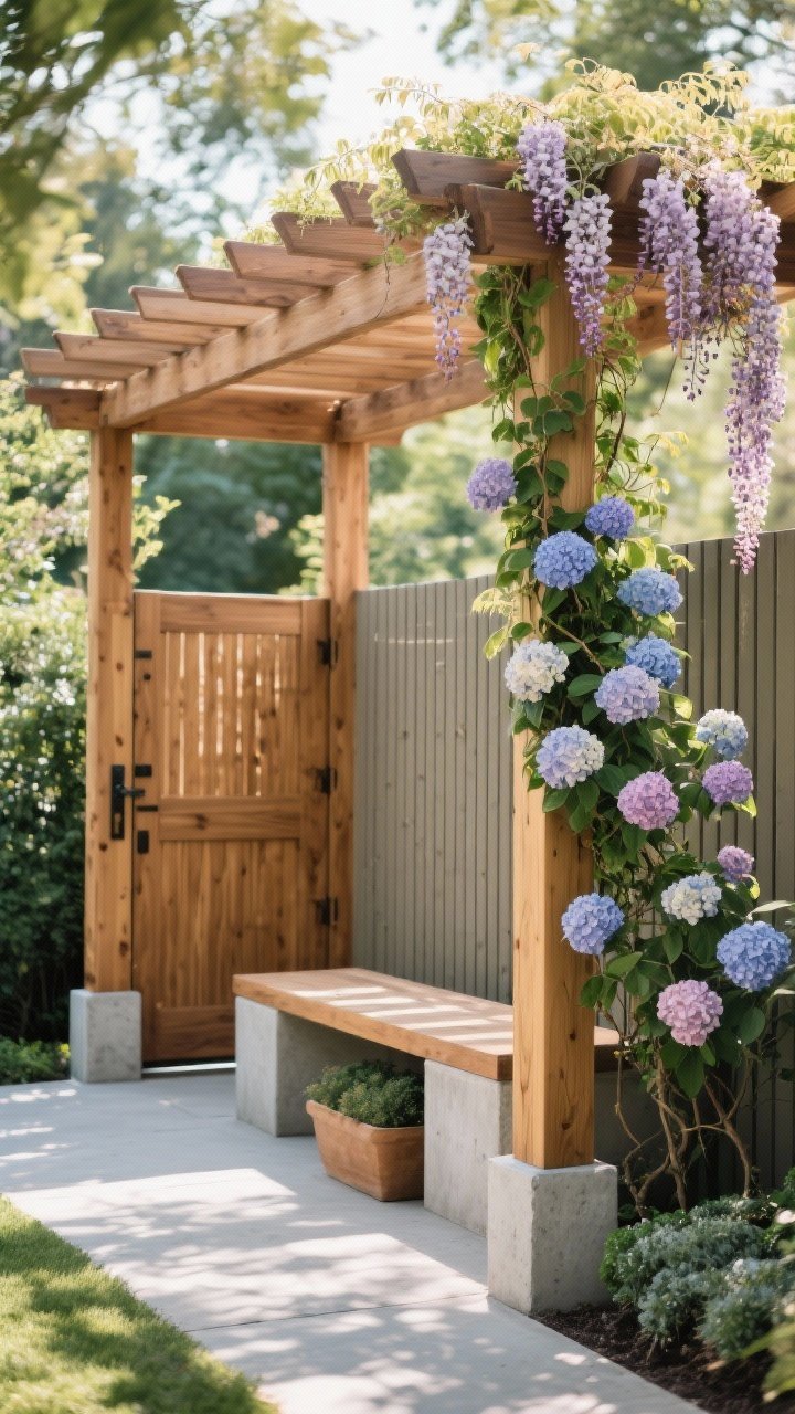 Medium shot of a vertical hero element: a cedar arbor over a garden gate paired with a low bench and planter to balance height; climbing hydrangea winding in part shade on one side, wisteria trained neatly on the other for dramatic blooms; posts visibly anchored in concrete footings; slat privacy wall behind a seating area for texture; dappled light filtering through foliage; no people.