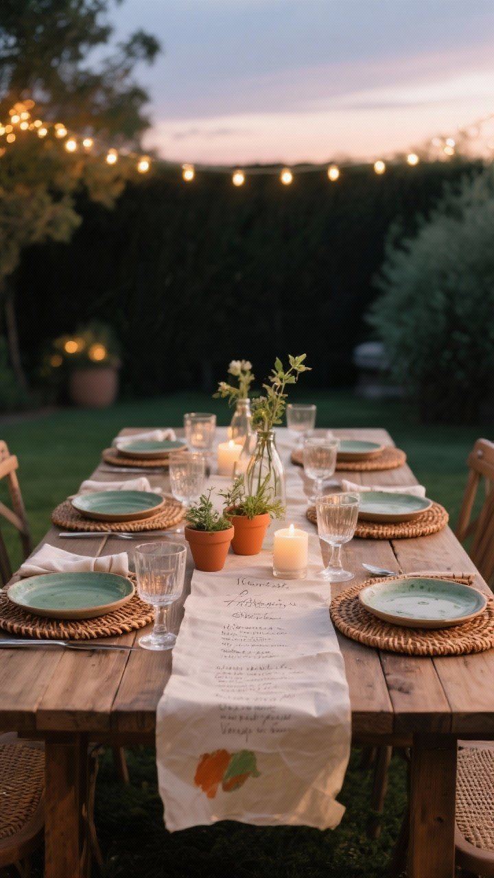 Medium shot of an effortlessly styled outdoor dining table at twilight: a paper runner (painter’s paper) down the center with handwritten menu notes, cloth napkins, and mixed placemats; mixed materials—wood table, rattan chargers, ceramic plates, and clear glassware; low centerpieces using bud vases and small herb pots; color story in sage and terra cotta with cream neutrals; soft candlelight and warm string lights in the background.