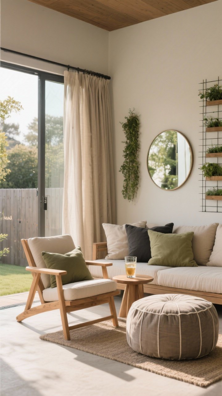 Medium shot of an “indoors out” vignette: teak lounge chair with side table for drinks, outdoor curtains softly framing the scene, an ottoman/pouf with quick-dry cover, and a fence wall moment featuring an outdoor mirror and a vertical planter grid; color palette in earthy neutrals (sand, olive, charcoal) with layered pillows; gentle breezy daylight, straight-on view.