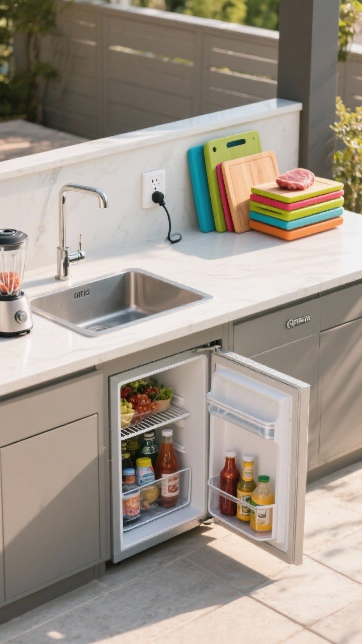 Medium shot of an outdoor prep zone with a sink and mini-fridge: right-handed layout showing the prep counter with the sink on the left, a GFCI outlet nearby with a blender plugged in, and an outdoor-rated compact fridge integrated below the landing zone with its door open to reveal marinades and cold drinks. Include a color-coded cutting board set (separate hues for raw and ready-to-eat) stacked beside the sink; soft daytime lighting; no people.