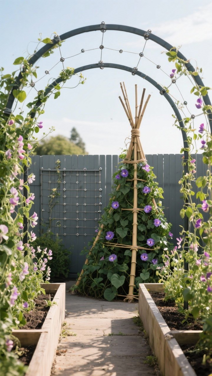 Medium shot of budget trellises adding height: a cattle panel bent into an arch between two raised beds forming a tunnel with sweet peas climbing; on a fence behind, a modern string grid made from eye screws and garden twine; a bamboo teepee supporting morning glory; fast-growing climbers filling in; photorealistic, side angle showing vertical drama and layered trellis types; bright natural daylight.
