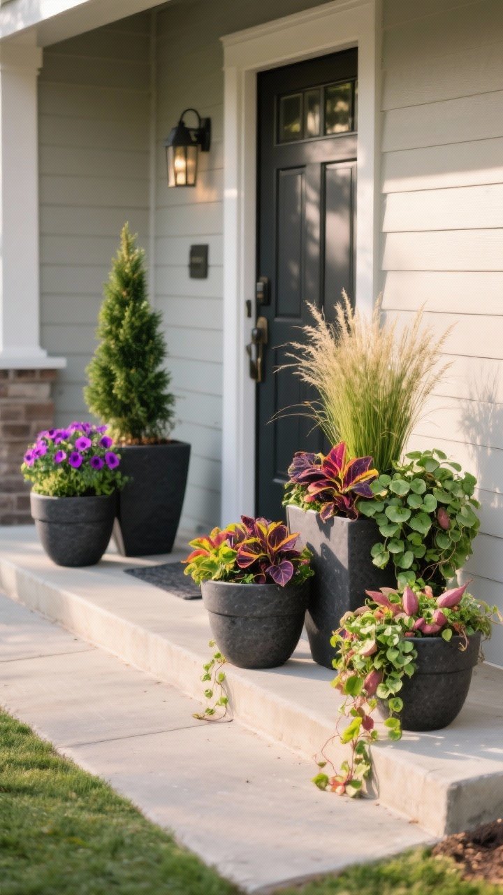 Medium shot of container trio arranged on a front porch for curb appeal: two matching modern black fiberstone planters flanking a front door plus a grouped set of three on the side; each pot follows the thriller-filler-spiller formula with a dwarf ornamental grass or small conifer as the thriller, petunias and coleus as fillers, and sweet potato vine and creeping jenny spilling over; seasonal color saturation and healthy foliage; late afternoon shade with soft bounce light; perspective: straight-on from walkway.
