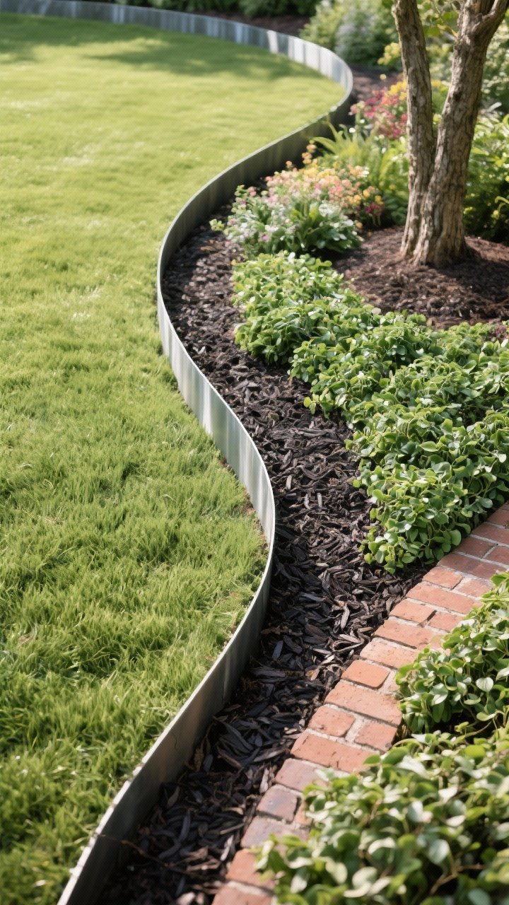 Medium shot of crisp garden edging for instant polish: a sinuous natural trench edge separating lush lawn from a mulched perennial bed; adjacent segment showcasing sleek steel edging for a modern line, and a short run of classic brick edging for contrast; low groundcover border of creeping Jenny softening one transition; fresh dark mulch 2–3 inches deep, pulled back from trunks; bright, even daylight; overhead-leaning angle to read the edges clearly.
