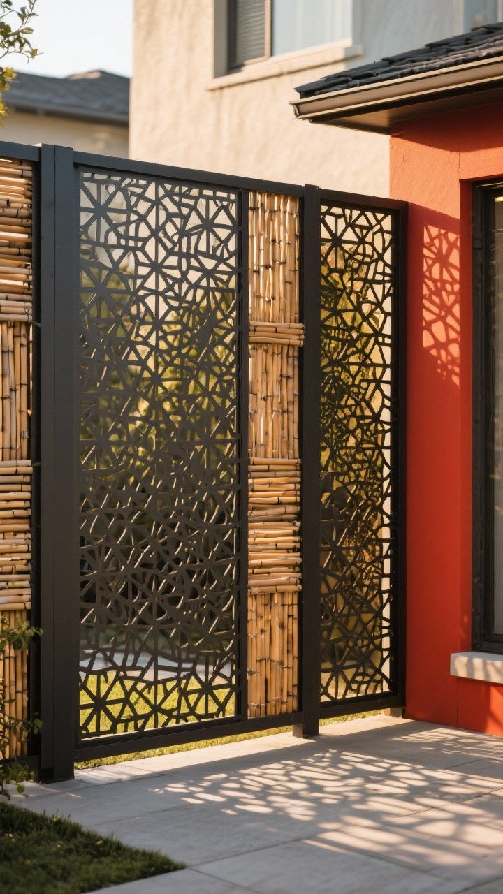 Medium shot of decorative laser-cut screens used as fence panels: a geometric pattern in dark metal casting intricate shadows on a patio at golden hour; layered bamboo slats behind select panels for added privacy; composite frames for low maintenance; a contrasting painted panel in a bold color near the edge to echo home trim; the focus on light play and pattern without people.