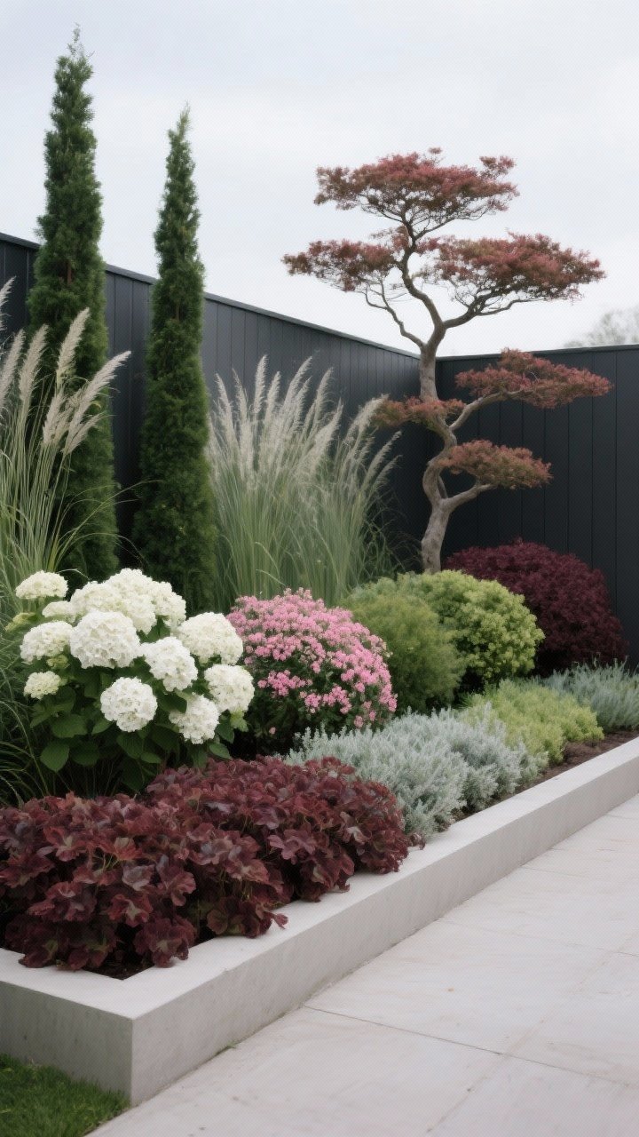 Medium shot of layered planting beds along a fence: tall structural plants in the back (columnar evergreens and upright ornamental grasses), flowering shrubs in the middle (white hydrangea and pink spirea), and low growers in front (deep burgundy heuchera and soft thyme) softly spilling over a defined edge; a single sculptural Japanese maple as the focal accent; tight palette with three foliage colors (deep green, silvery green, burgundy) and two flower colors (white and pink); overcast diffused light for even texture; photorealistic.